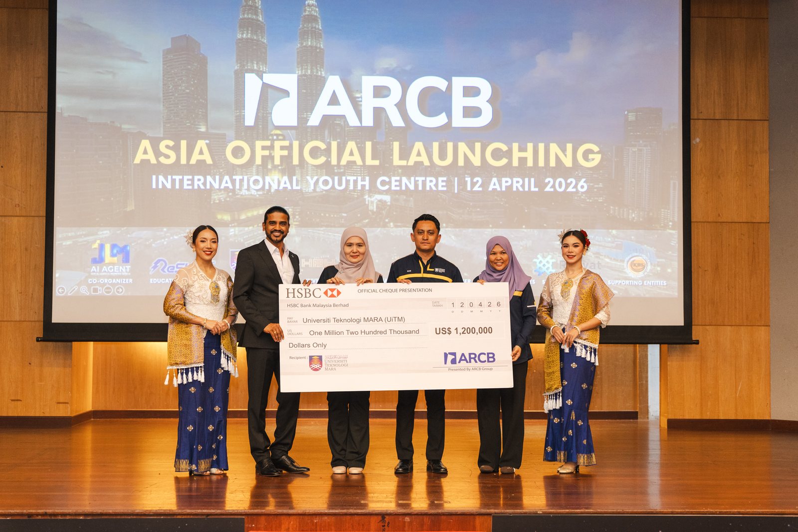 ARCB Asia Official Launching — UiTM Strategic Partnership cheque presentation, International Youth Centre, 12 April 2026